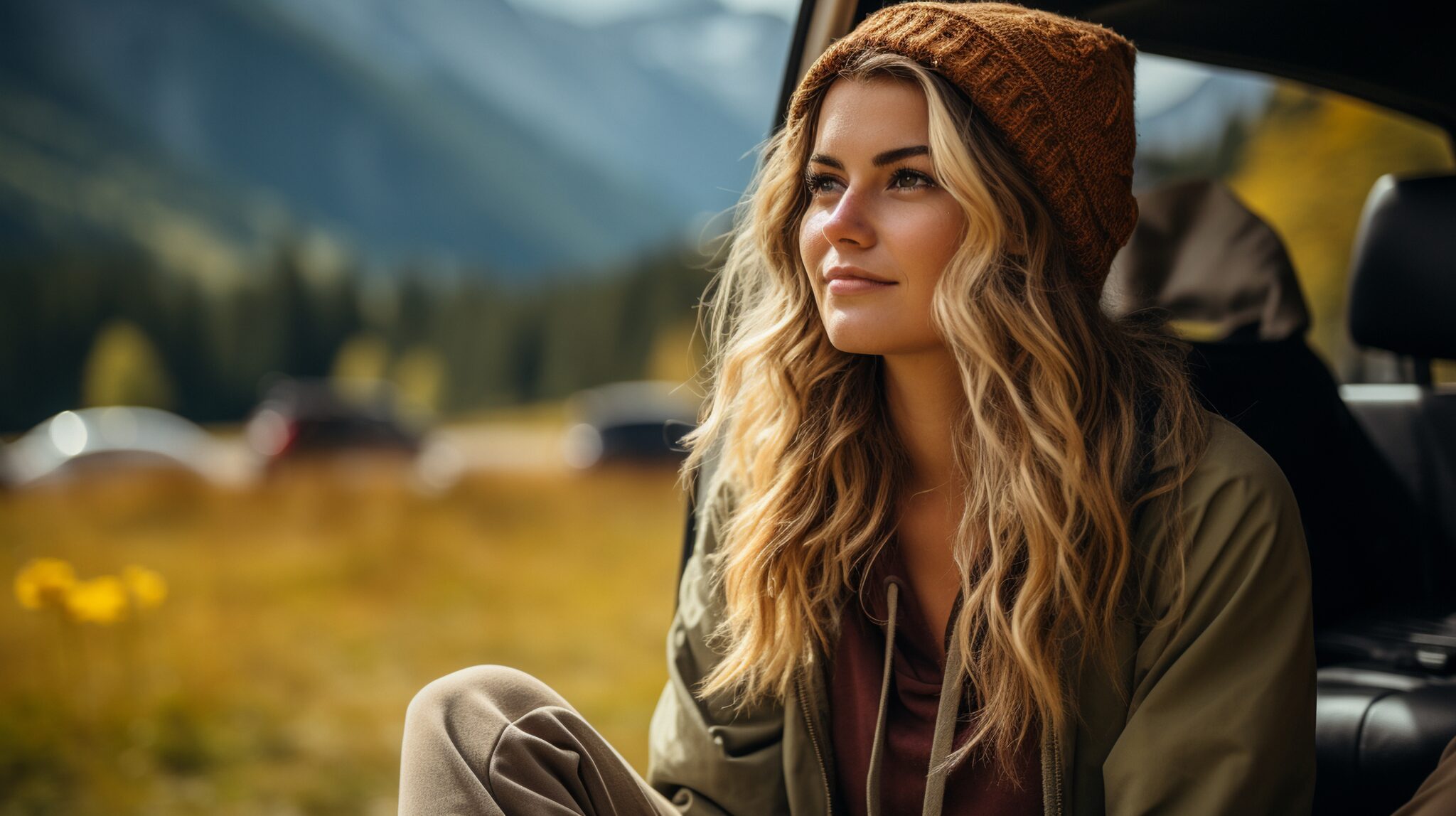 In the mountains, a young, attractive woman is driving.