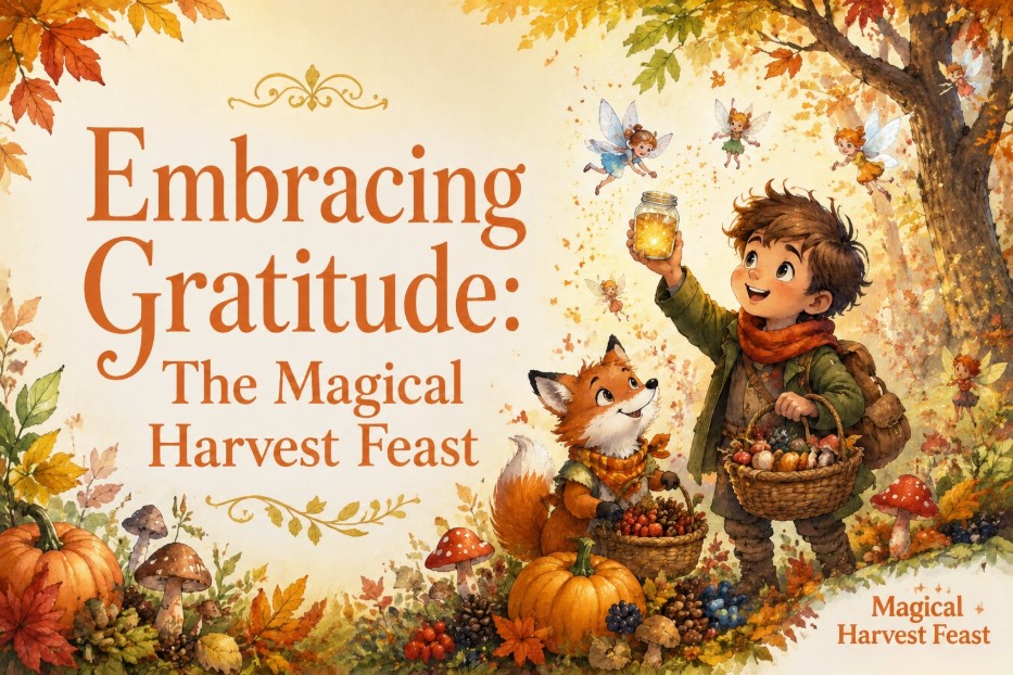 Finley and his fox companion Ember gather enchanted harvest ingredients below glowing lanterns in Maplewood's autumn forest