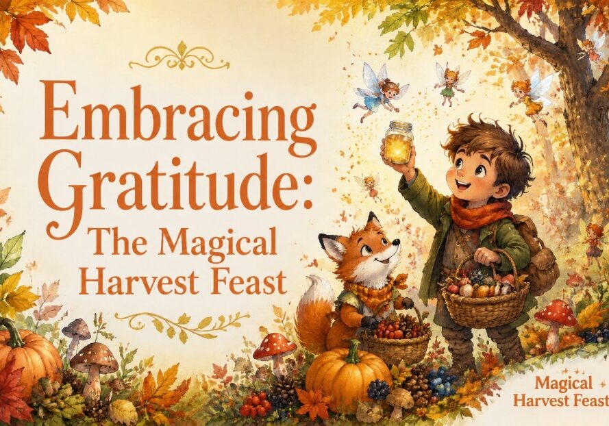 Finley and his fox companion Ember gather enchanted harvest ingredients below glowing lanterns in Maplewood's autumn forest