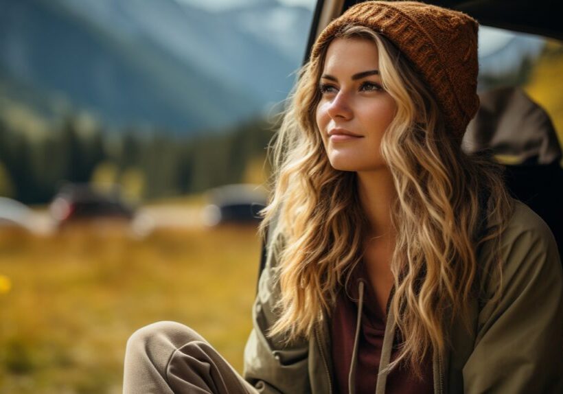 In the mountains, a young, attractive woman is driving.