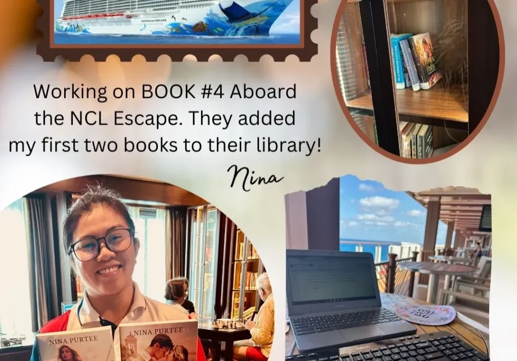 A collage of photos with the caption " working on book # 4 aboard the ncl escape. They added my first two books to their library