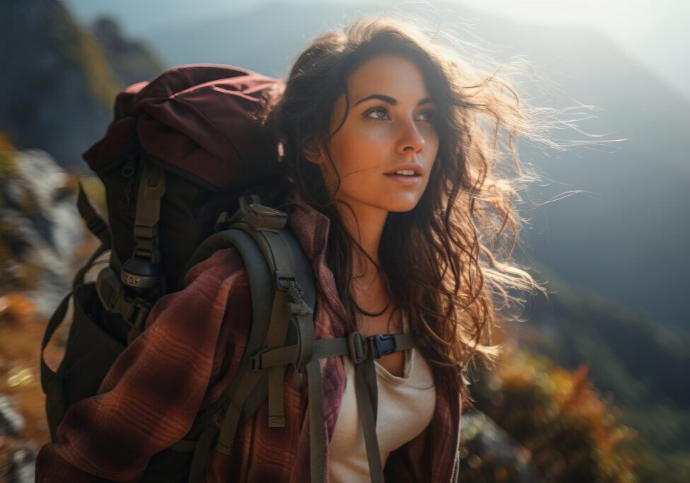 A woman is walking through forests and mountains in a hiking outfit. Travel concept. generative ai.