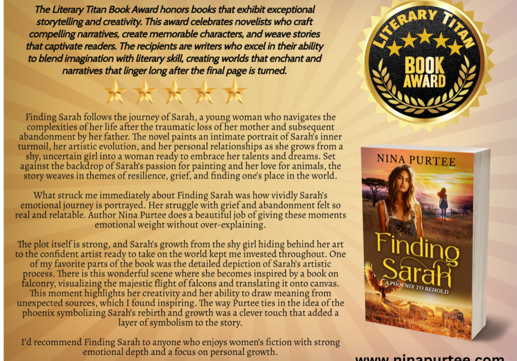 picture of Finding Sarah book with Literary Titan gold 5-star award